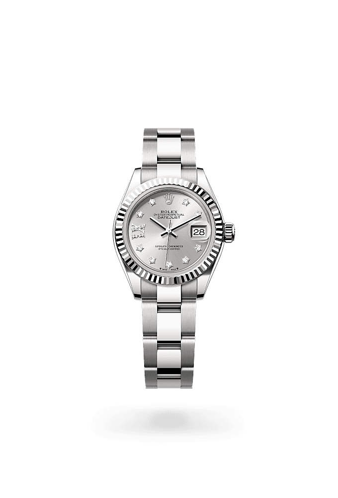 Lady-Datejust, Oyster, 28 mm, Oystersteel and white gold, Dial : Silver set with diamonds, Rolex