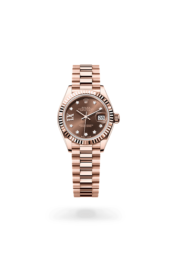 Lady-Datejust, Oyster, 28 mm, Everose gold, Dial : Chocolate set with diamonds, Rolex
