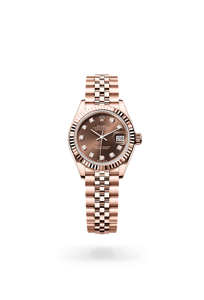 Lady-Datejust, Oyster, 28 mm, Everose gold, Dial : Chocolate set with diamonds, Rolex