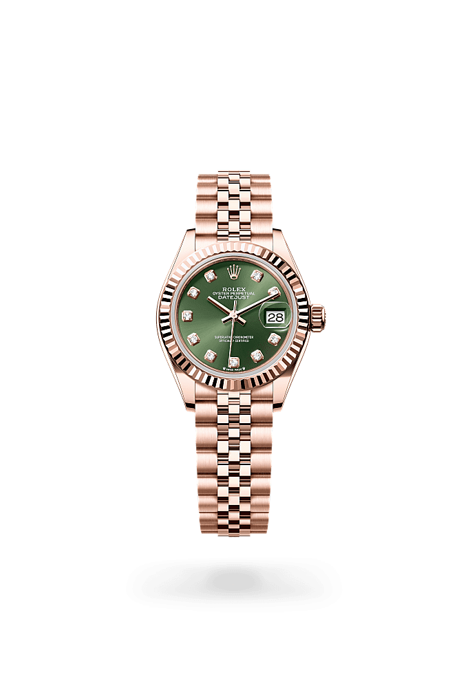 Lady-Datejust, Oyster, 28 mm, Everose gold, Dial : Olive green set with diamonds, Rolex