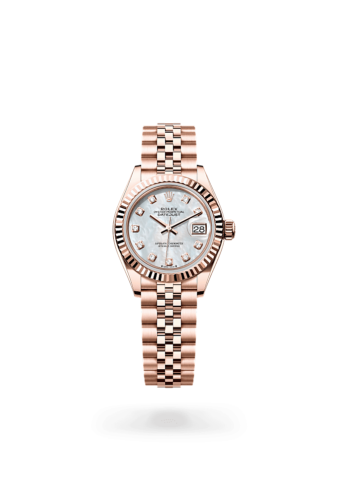 Lady-Datejust, Oyster, 28 mm, Everose gold, Dial : White mother-of-pearl set with diamonds, Rolex