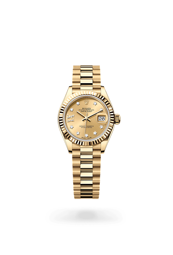 Lady-Datejust, Oyster, 28 mm, yellow gold, Dial : Champagne-colour set with diamonds, Rolex