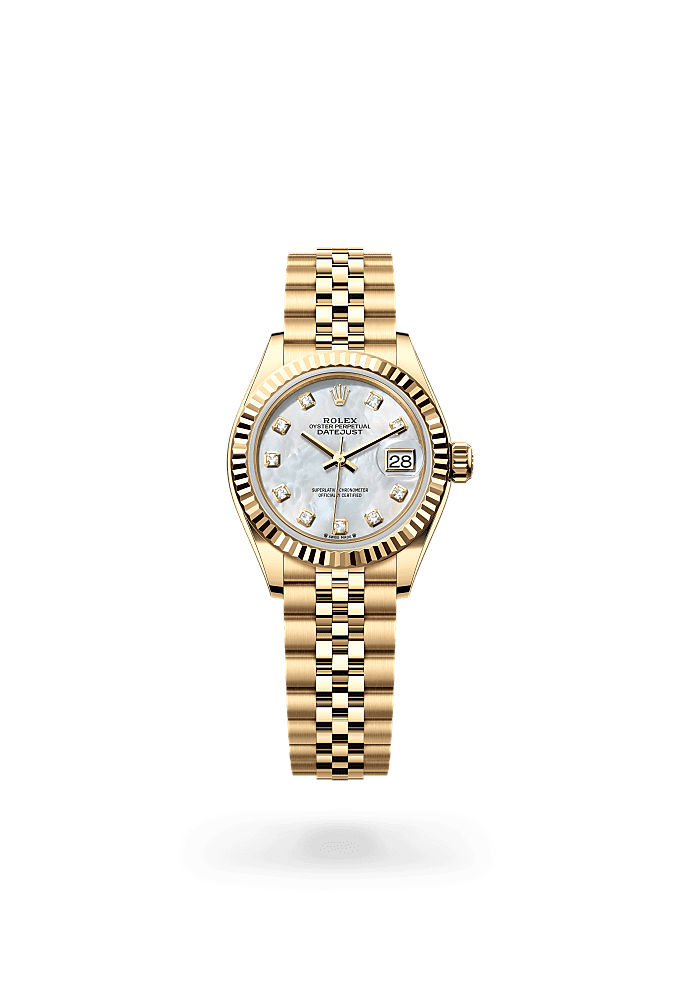Lady-Datejust, Oyster, 28 mm, yellow gold, Dial : White mother-of-pearl set with diamonds, Rolex