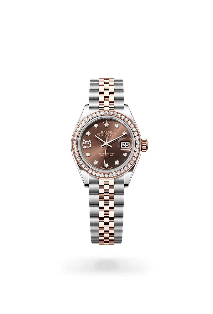 Lady-Datejust, Oyster, 28 mm, Oystersteel, Everose gold and diamonds, Dial : Chocolate set with diamonds, Rolex