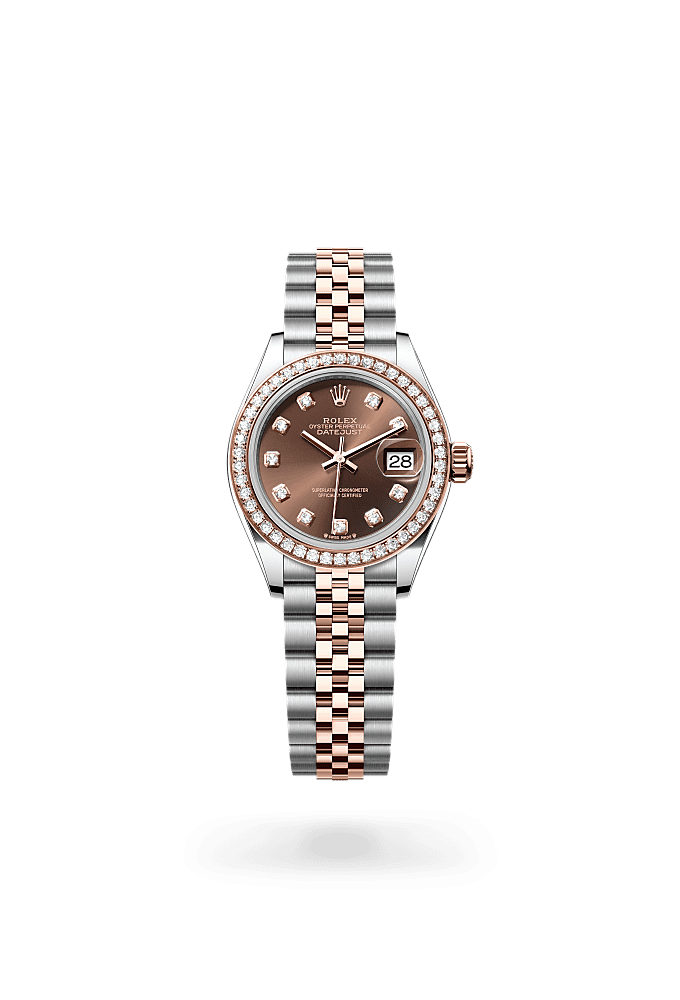 Lady-Datejust, Oyster, 28 mm, Oystersteel, Everose gold and diamonds, Dial : Chocolate set with diamonds, Rolex