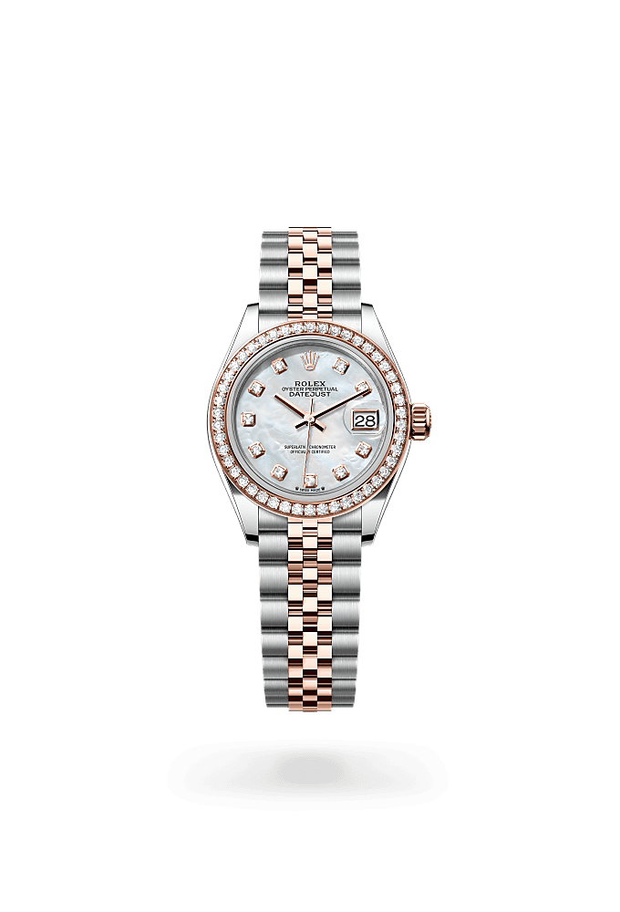 Lady-Datejust, Oyster, 28 mm, Oystersteel, Everose gold and diamonds, Dial : White mother-of-pearl set with diamonds, Rolex