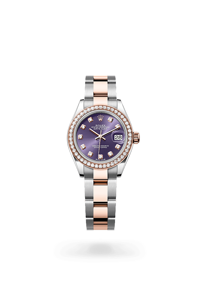 Lady-Datejust, Oyster, 28 mm, Oystersteel, Everose gold and diamonds, Dial : Aubergine set with diamonds, Rolex