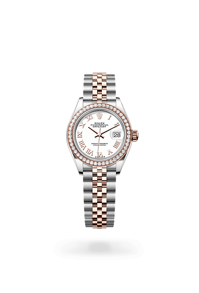 Lady-Datejust, Oyster, 28 mm, Oystersteel, Everose gold and diamonds, Dial : White, Rolex