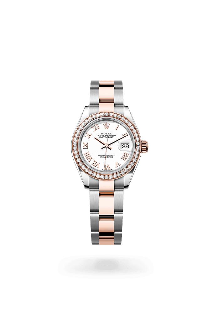 Lady-Datejust, Oyster, 28 mm, Oystersteel, Everose gold and diamonds, Dial : White, Rolex