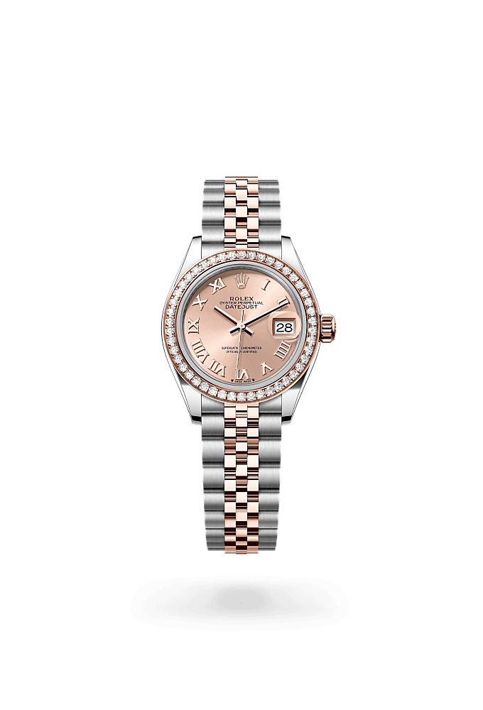 Lady-Datejust, Oyster, 28 mm, Oystersteel, Everose gold and diamonds, Dial : Rosé-colour, Rolex