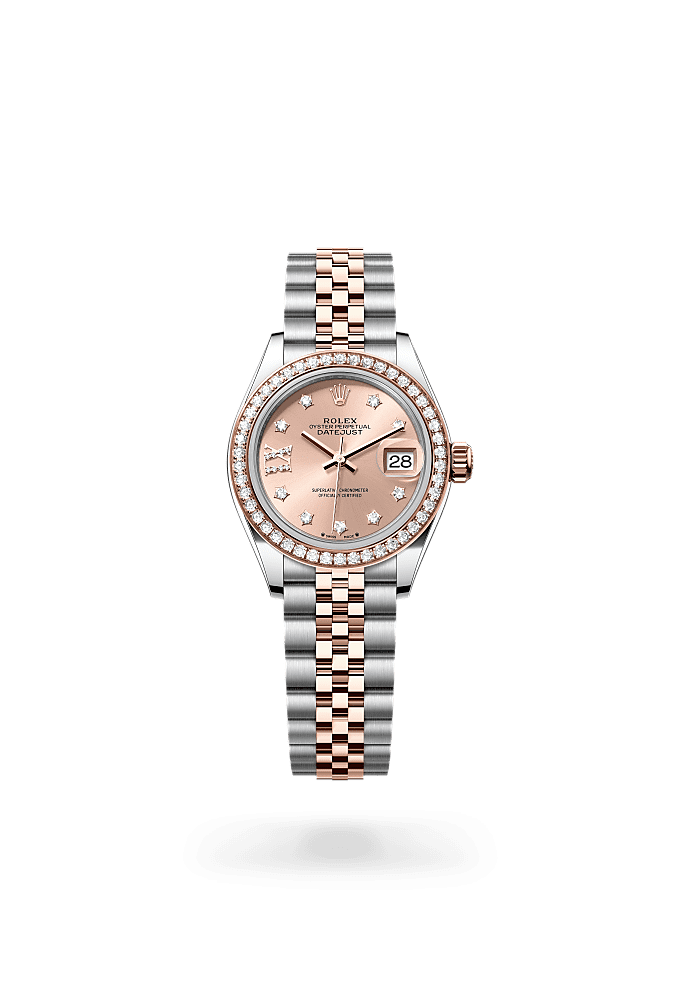 Lady-Datejust, Oyster, 28 mm, Oystersteel, Everose gold and diamonds, Dial : Rosé-colour set with diamonds, Rolex
