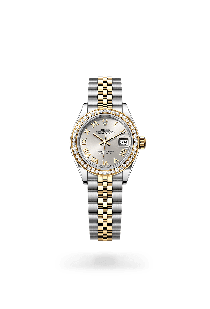 Lady-Datejust, Oyster, 28 mm, Oystersteel, yellow gold and diamonds, Dial : Silver, Rolex