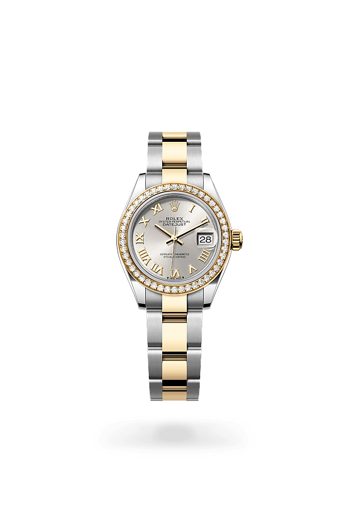 Lady-Datejust, Oyster, 28 mm, Oystersteel, yellow gold and diamonds, Dial : Silver, Rolex
