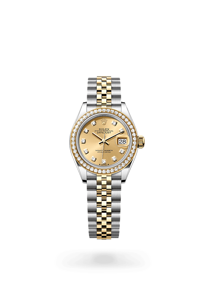 Lady-Datejust, Oyster, 28 mm, Oystersteel, yellow gold and diamonds, Dial : Champagne-colour set with diamonds, Rolex