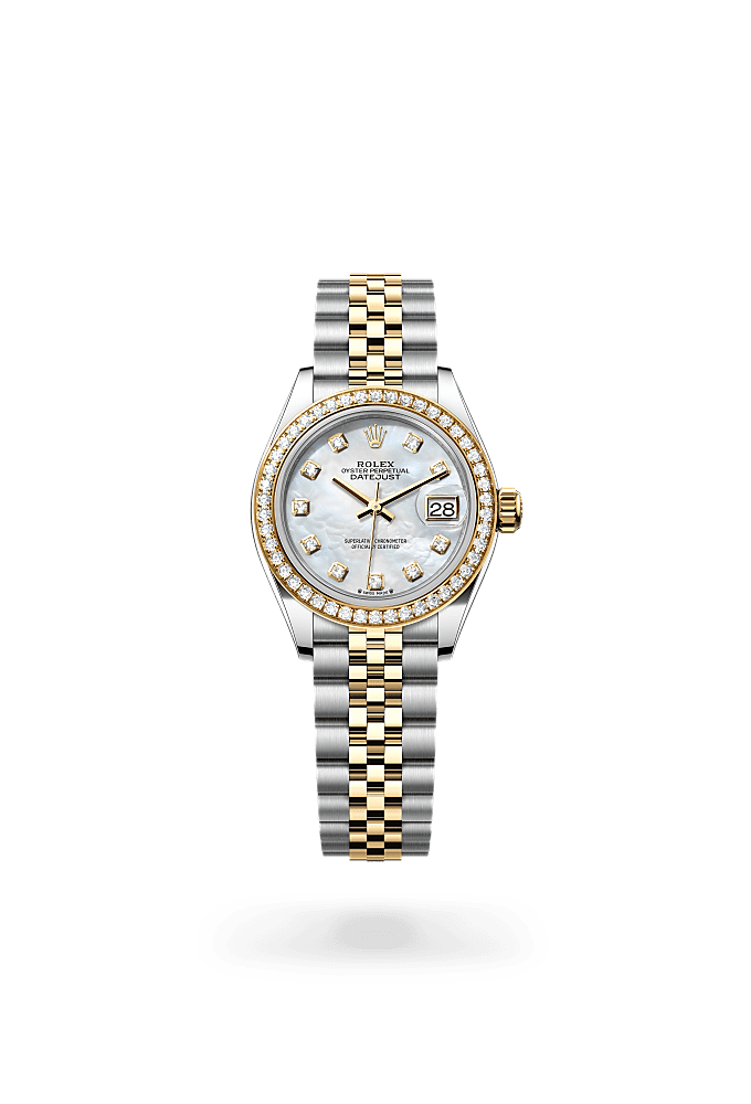 Lady-Datejust, Oyster, 28 mm, Oystersteel, yellow gold and diamonds, Dial : White mother-of-pearl set with diamonds, Rolex