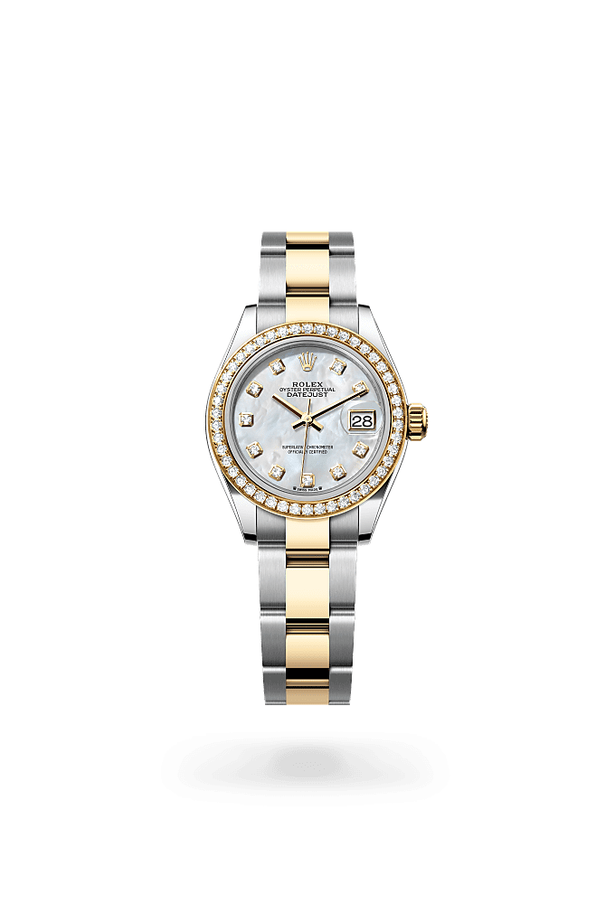 Lady-Datejust, Oyster, 28 mm, Oystersteel, yellow gold and diamonds, Dial : White mother-of-pearl set with diamonds, Rolex