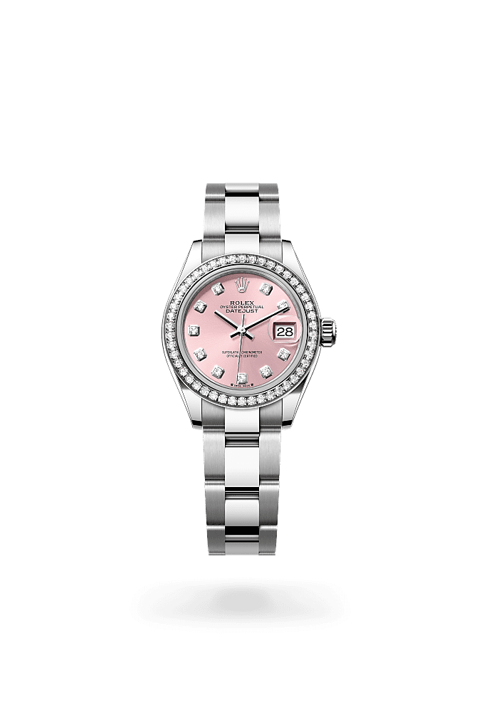 Lady-Datejust, Oyster, 28 mm, Oystersteel, white gold and diamonds, Dial : Pink set with diamonds, Rolex