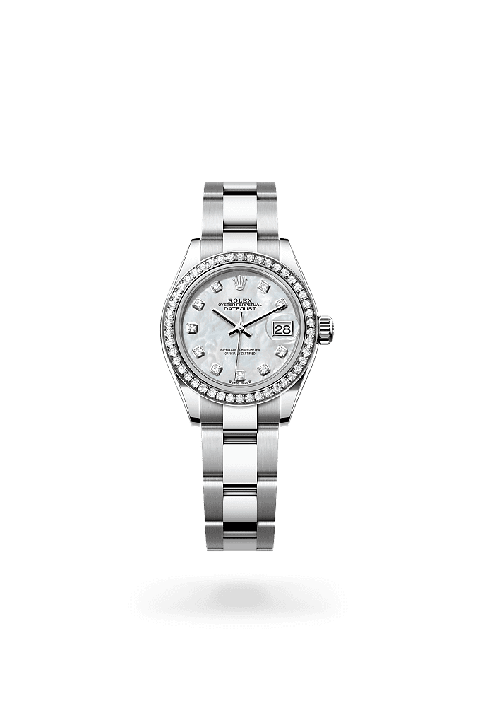 Lady-Datejust, Oyster, 28 mm, Oystersteel, white gold and diamonds, Dial : White mother-of-pearl set with diamonds, Rolex