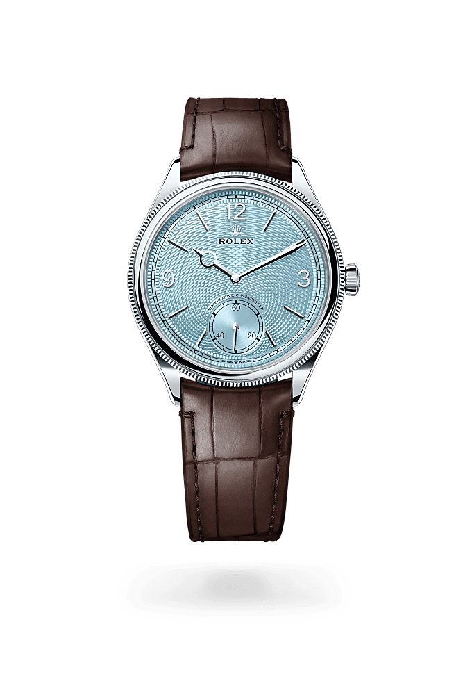 1908型, 39毫米，铂金，磨光效果, 表盘 : 冰蓝色，谷粒纹, Rolex