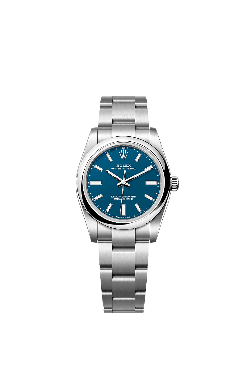 蚝式恒动型 34, 蚝式，34毫米，蚝式钢, 表盘 : <i>Med blue</i>, Rolex