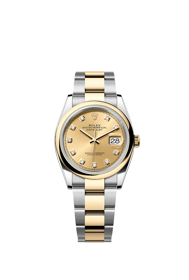 Datejust 36, Oyster, 36 mm, Oystersteel and yellow gold, Dial : Champagne-colour set with diamonds, Rolex