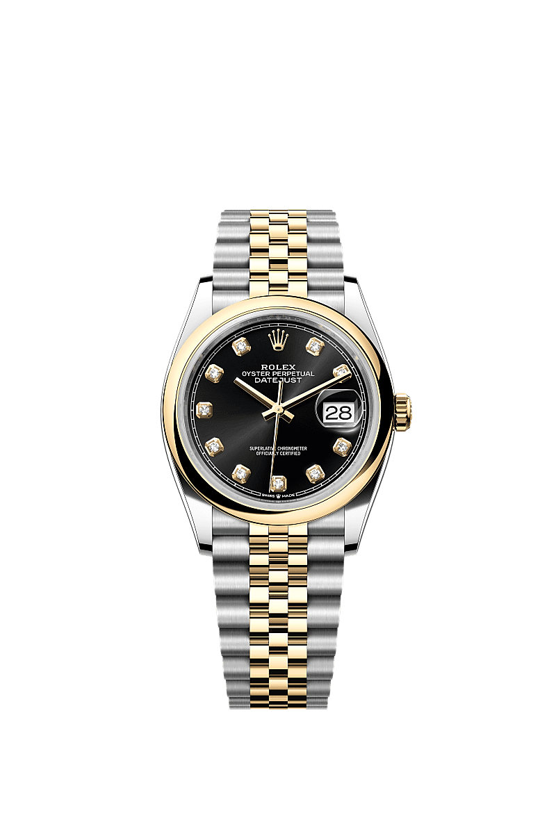 Datejust 36, Oyster, 36 mm, Oystersteel and yellow gold, Dial : Bright black set with diamonds, Rolex