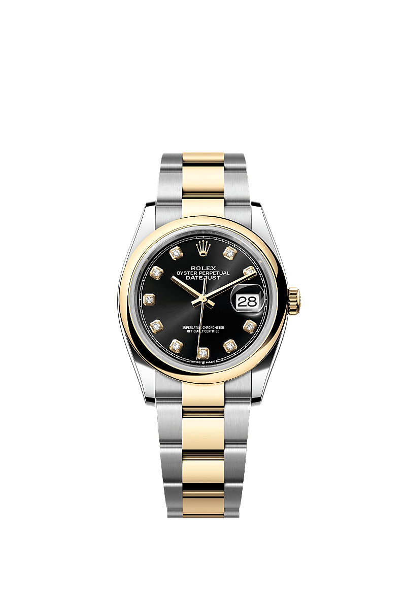 日志型 36, 蚝式，36毫米，黄金及蚝式钢, 表盘 : 亮黑色，镶钻石, Rolex