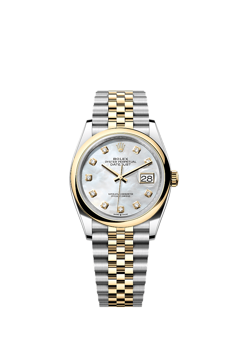 Datejust 36, Oyster, 36 mm, Oystersteel and yellow gold, Dial : White mother-of-pearl set with diamonds, Rolex