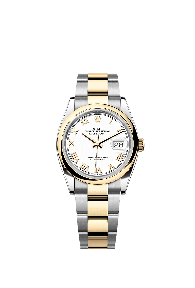 日志型 36, 蚝式，36毫米，黄金及蚝式钢, 表盘 : 白色, Rolex