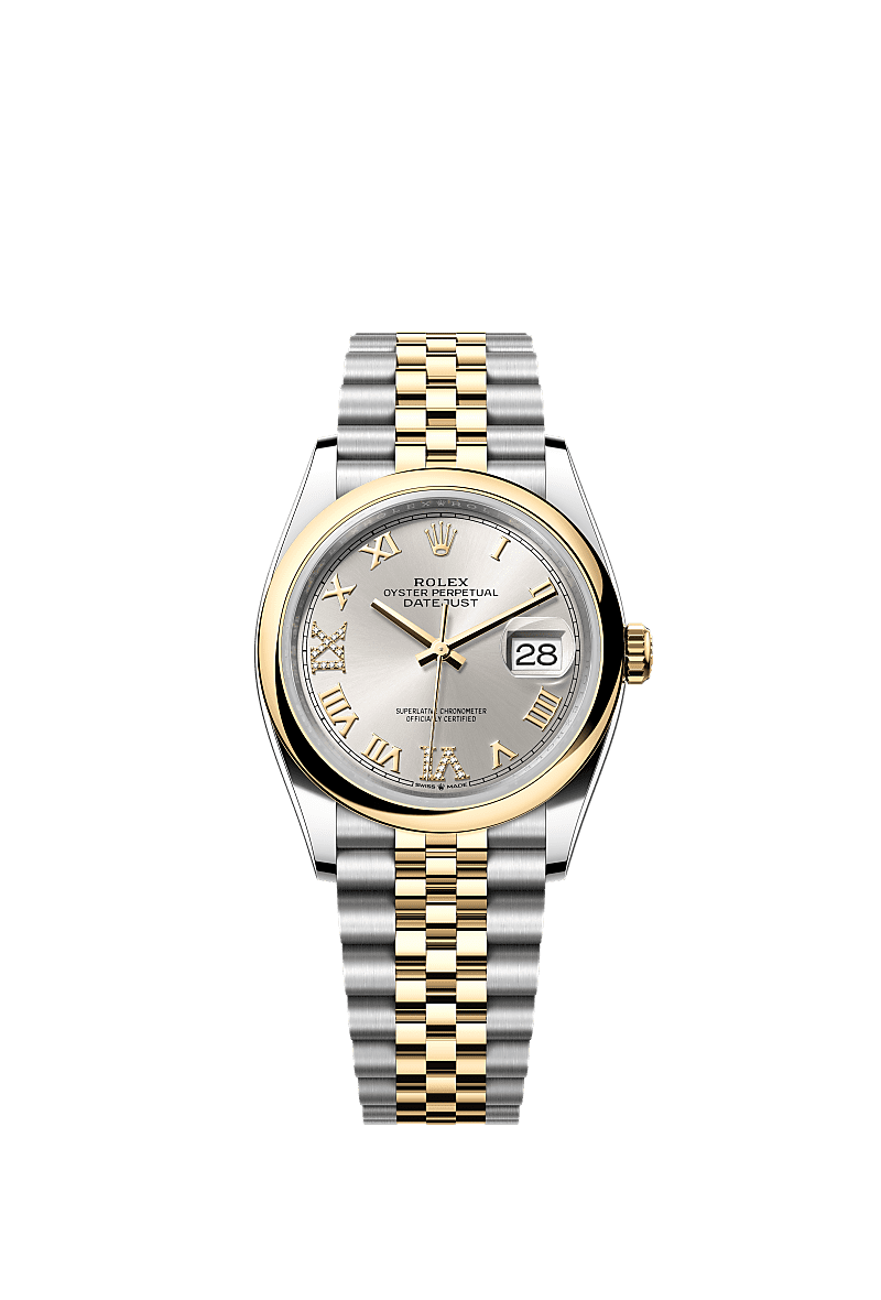 Datejust 36, Oyster, 36 mm, Oystersteel and yellow gold, Dial : Silver set with diamonds, Rolex