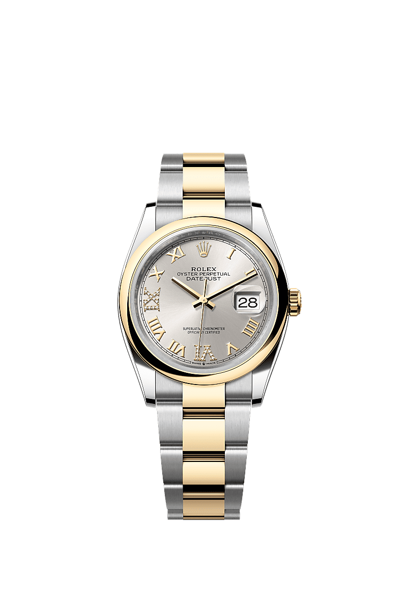 Datejust 36, Oyster, 36 mm, Oystersteel and yellow gold, Dial : Silver set with diamonds, Rolex