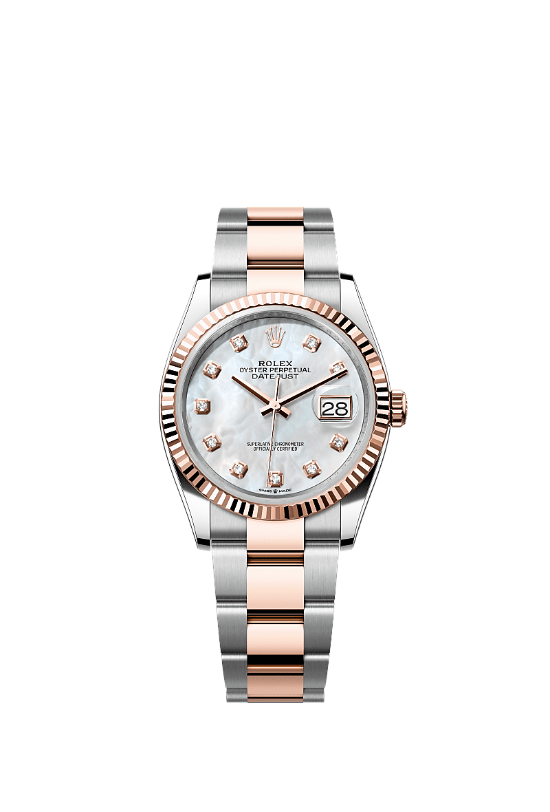 Datejust 36, Oyster, 36 mm, Oystersteel and Everose gold, Dial : White mother-of-pearl set with diamonds, Rolex