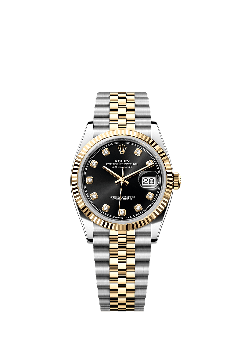 Datejust 36, Oyster, 36 mm, Oystersteel and yellow gold, Dial : Bright black set with diamonds, Rolex