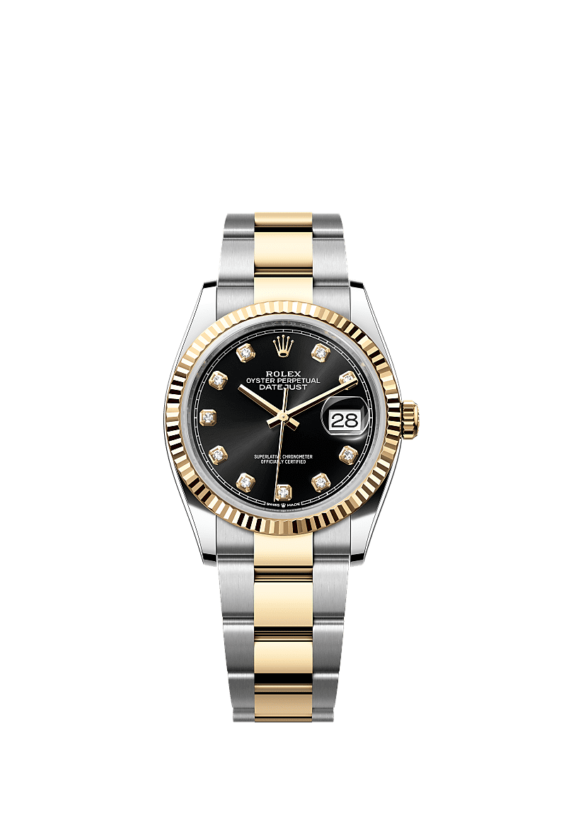 Datejust 36, Oyster, 36 mm, Oystersteel and yellow gold, Dial : Bright black set with diamonds, Rolex
