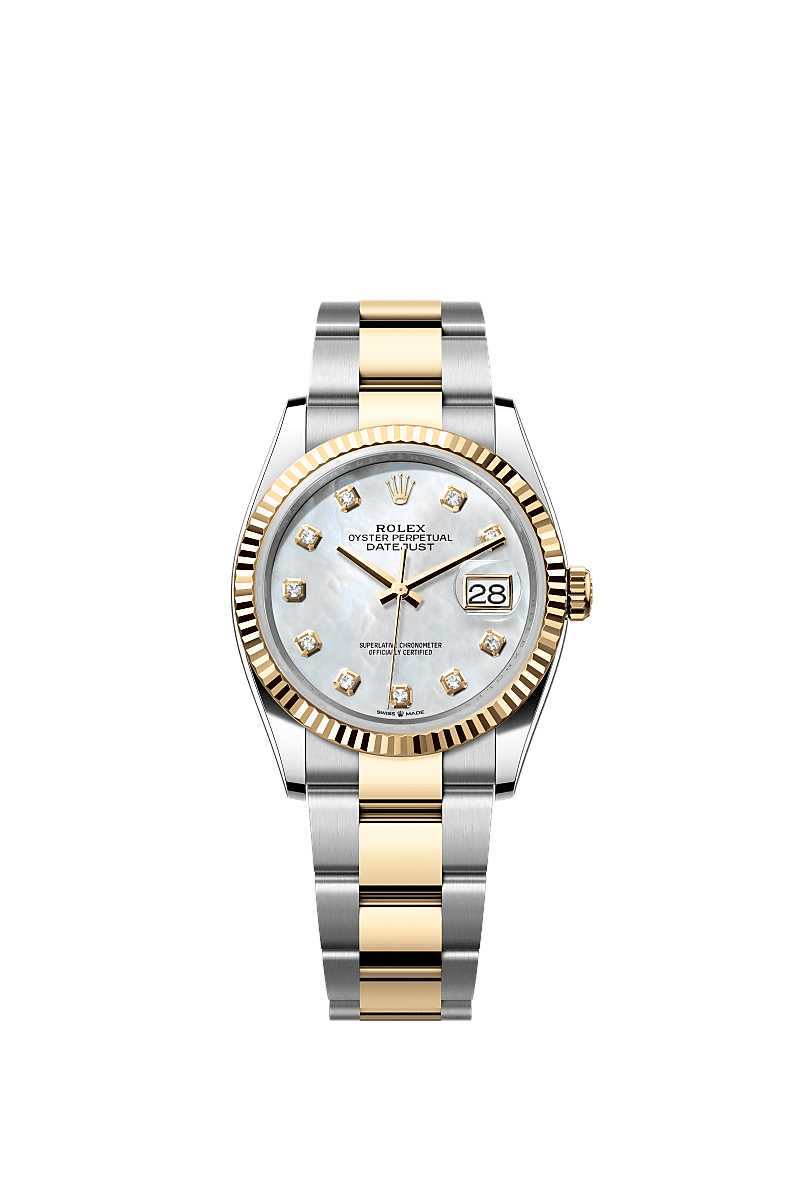 Datejust 36, Oyster, 36 mm, Oystersteel and yellow gold, Dial : White mother-of-pearl set with diamonds, Rolex