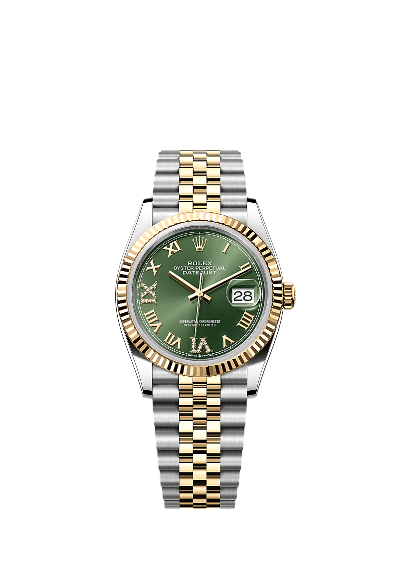 Datejust 36, Oyster, 36 mm, Oystersteel and yellow gold, Dial : Olive green set with diamonds, Rolex