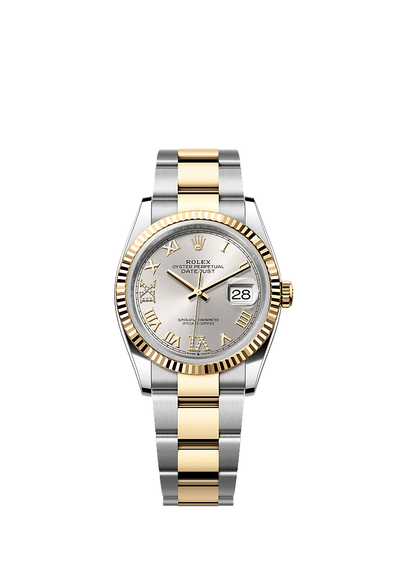 Datejust 36, Oyster, 36 mm, Oystersteel and yellow gold, Dial : Silver set with diamonds, Rolex