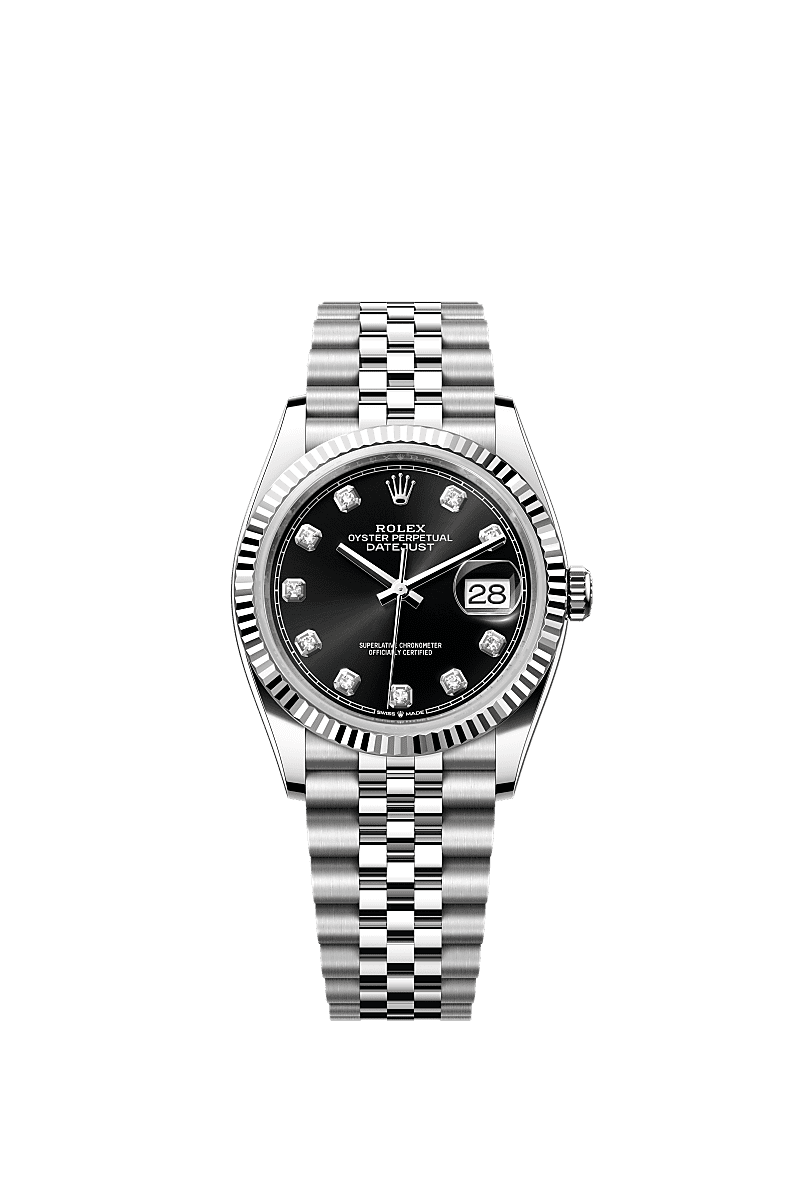 Datejust 36, Oyster, 36 mm, Oystersteel and white gold, Dial : Bright black set with diamonds, Rolex