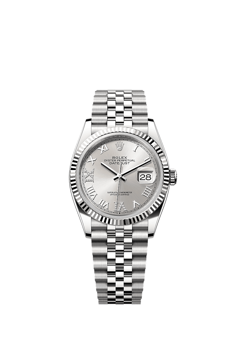 日志型 36, 蚝式,36毫米,白色黄金及蚝式钢, 表盘 : 银色,镶钻石, Rolex