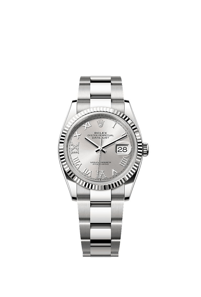 Datejust 36, Oyster, 36 mm, Oystersteel and white gold, Dial : Silver set with diamonds, Rolex