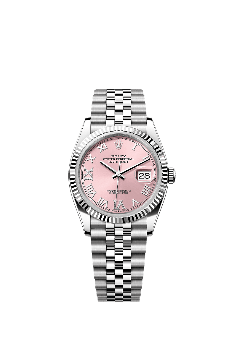 Datejust 36, Oyster, 36 mm, Oystersteel and white gold, Dial : Pink set with diamonds, Rolex