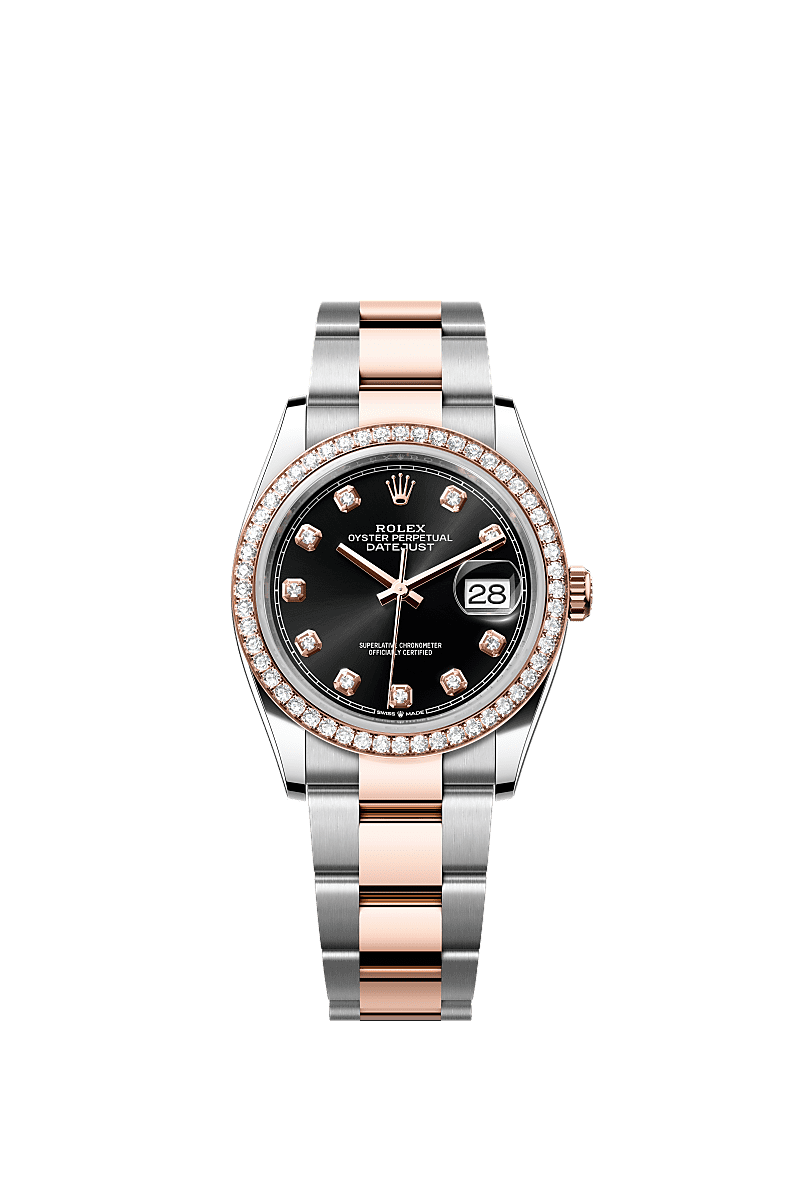 Datejust 36, Oyster, 36 mm, Oystersteel, Everose gold and diamonds, Dial : Bright black set with diamonds, Rolex