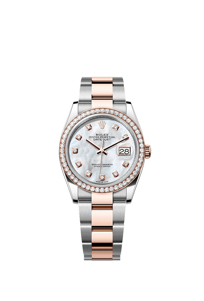 Datejust 36, Oyster, 36 mm, Oystersteel, Everose gold and diamonds, Dial : White mother-of-pearl set with diamonds, Rolex