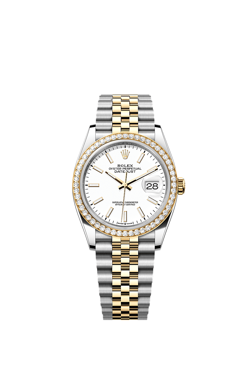 日志型 36, 蚝式，36毫米，钻石、黄金及蚝式钢, 表盘 : 白色, Rolex