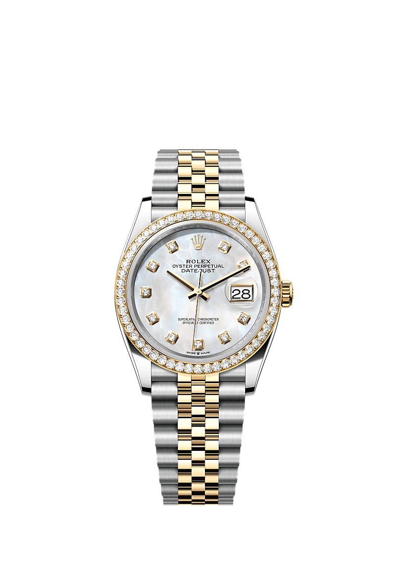 Datejust 36, Oyster, 36 mm, Oystersteel, yellow gold and diamonds, Dial : White mother-of-pearl set with diamonds, Rolex