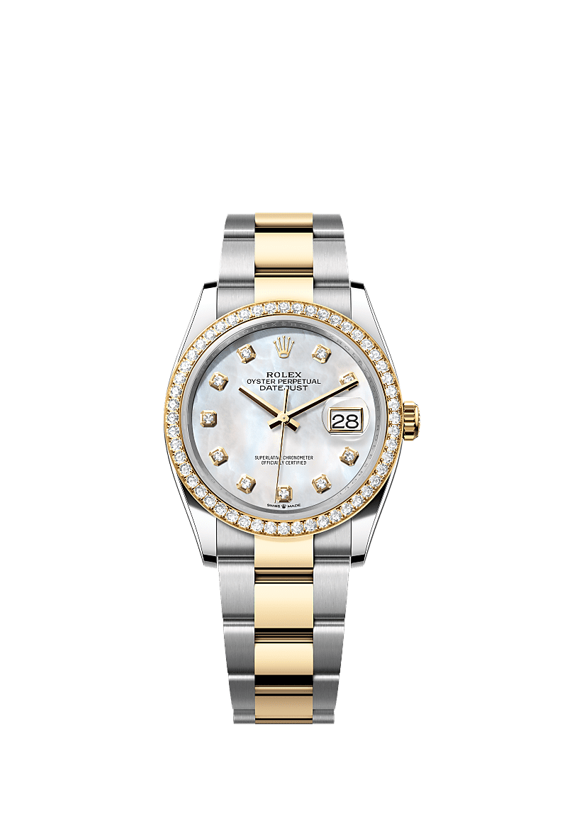 Datejust 36, Oyster, 36 mm, Oystersteel, yellow gold and diamonds, Dial : White mother-of-pearl set with diamonds, Rolex