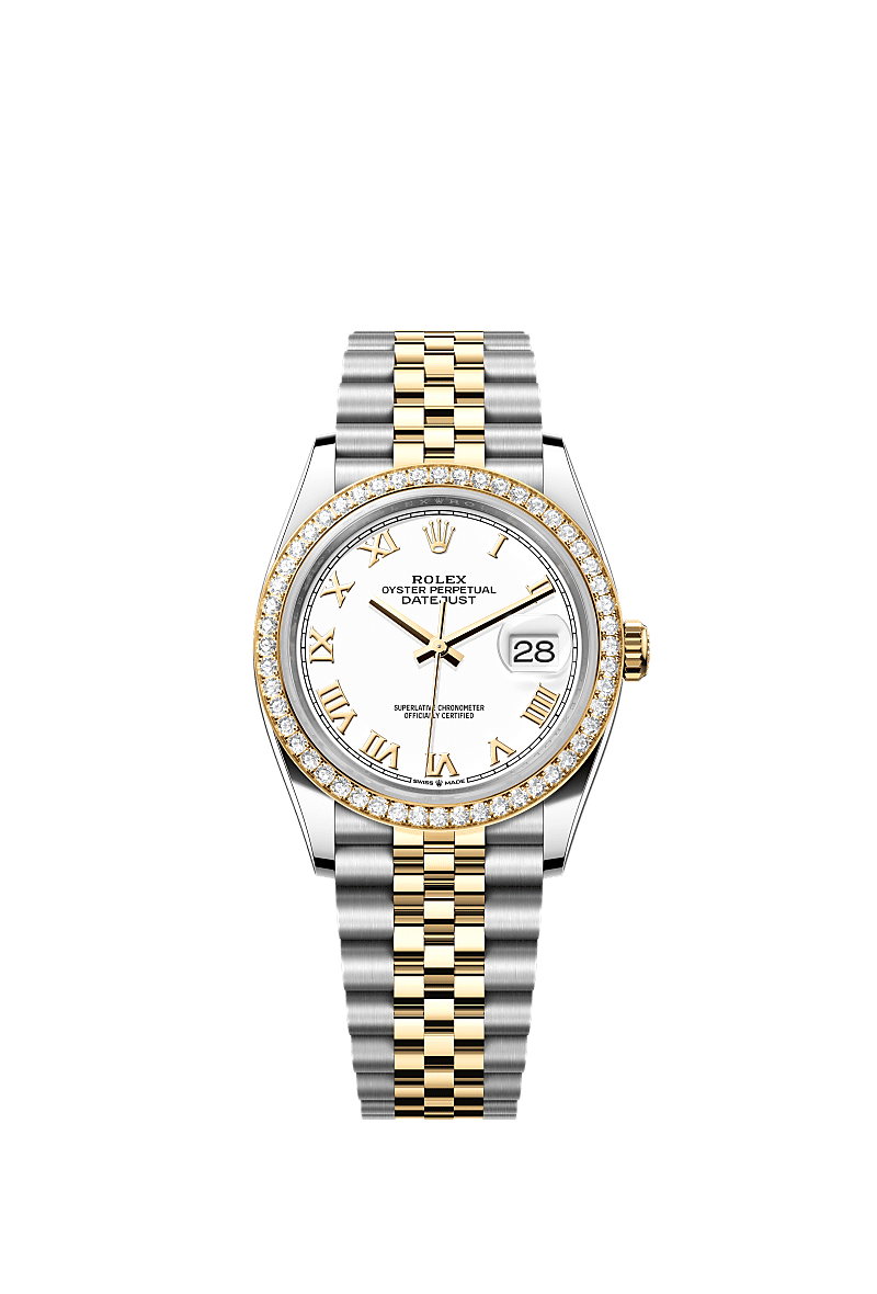 日志型 36, 蚝式，36毫米，钻石、黄金及蚝式钢, 表盘 : 白色, Rolex