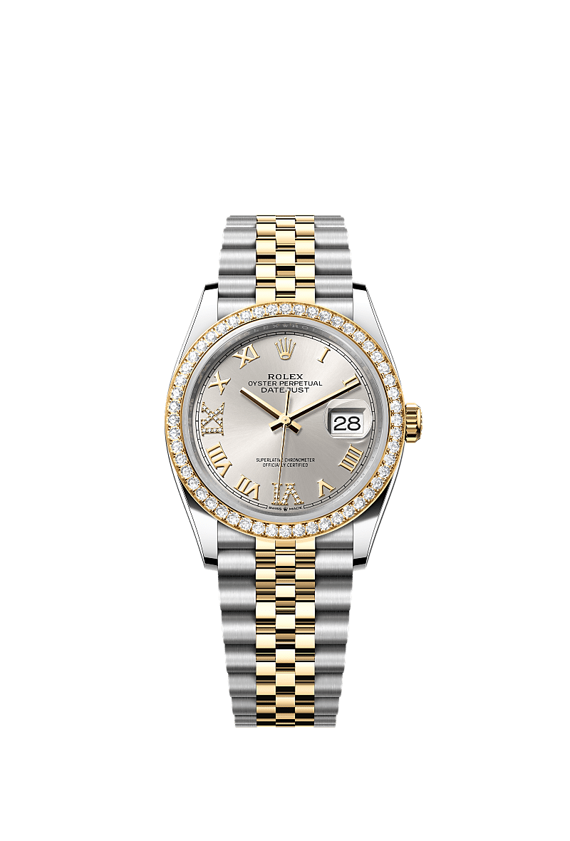日志型 36, 蚝式，36毫米，钻石、黄金及蚝式钢, 表盘 : 银色，镶钻石, Rolex