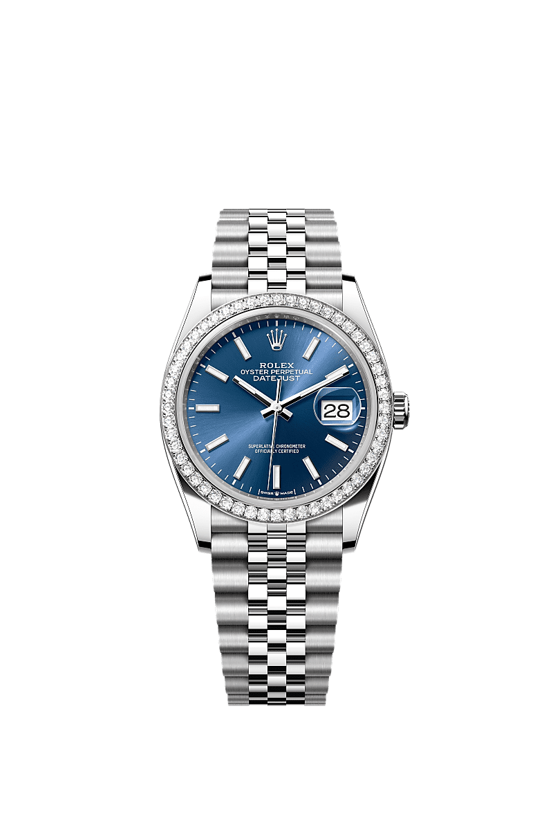 日志型 36, 蚝式，36毫米，钻石、白色黄金及蚝式钢, 表盘 : 亮蓝色, Rolex