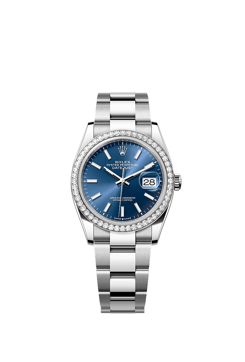 Datejust 36, Oyster, 36 mm, Oystersteel, white gold and diamonds, Dial : Bright blue, Rolex